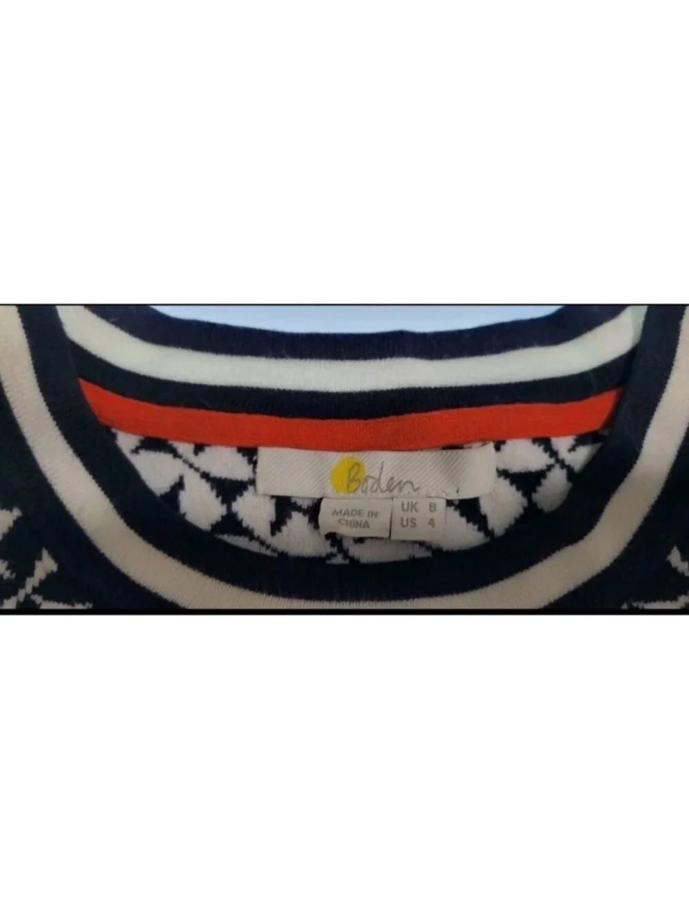 Boden Knit Sweater Dress Size 4 Navy White Geometric Jacquard Short Sleeve Pocke - Picture 9 of 12